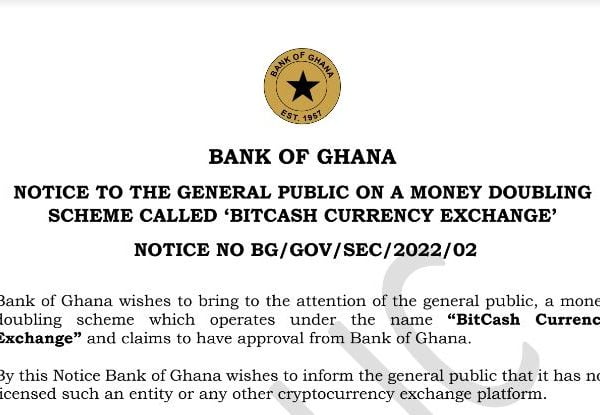 Bank of Ghana Money Doubling Warning on BitCash Currency Exchange